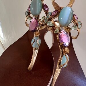 Bejeweled Gold leather Women's Sandals with blue and lilac stones